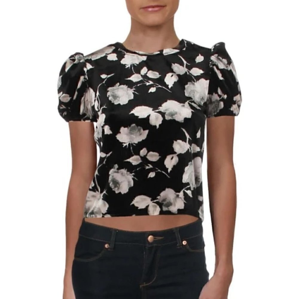 NWT AQUA Velvet Floral Puff Sleeve Top M